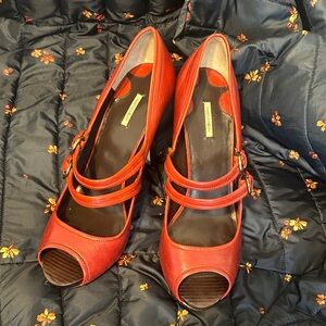 Max Studio Red Double-Strap Peep-Toe Heels